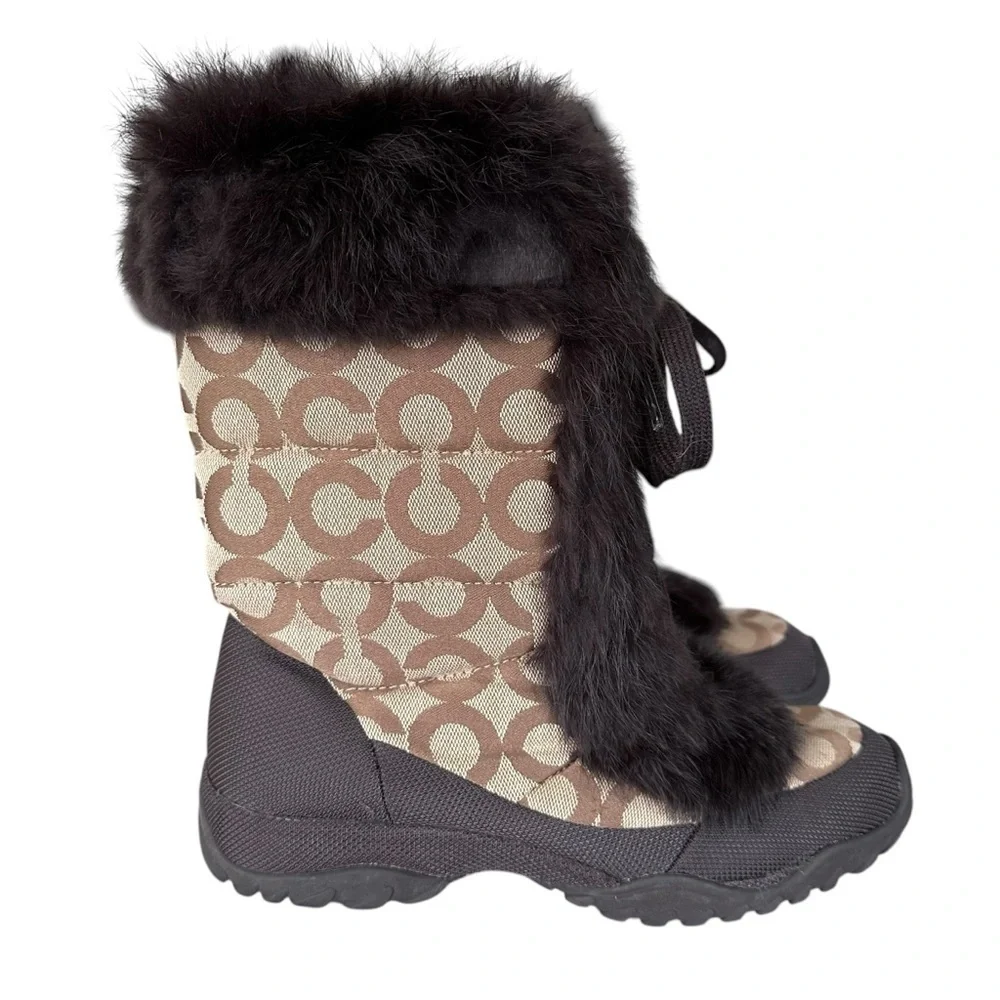 COACH Jennie Signature Quilted Monogram Print Winter Boot Rabbit Fur Trim Size 6